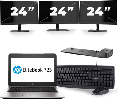HP EliteBook 725 G3 - AMD PRO A12-8800B - 12 inch - 8GB RAM - 240GB SSD - Windows 11 + 3x 24 inch Monitor