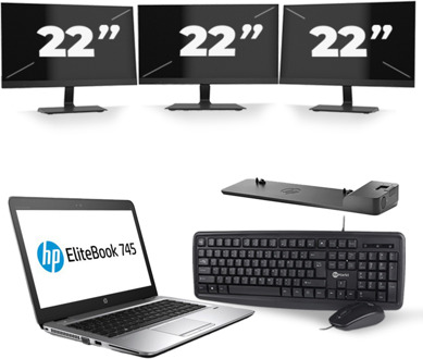HP EliteBook 745 G3 - AMD PRO A8-8600B - 14 inch - 8GB RAM - 240GB SSD - Windows 11 + 3x 22 inch Monitor