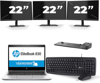 HP EliteBook 830 G5 - Intel Core i7-8e Generatie - 13 inch - 8GB RAM - 240GB SSD - Windows 11 + 3x 22 inch Monitor