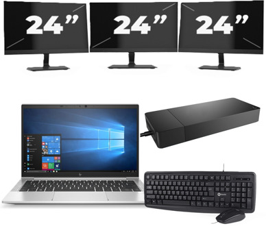 HP EliteBook 835 G7 - AMD Ryzen 3 Pro 4450U - 13 inch - 16GB RAM - 256GB SSD - Windows 10 Home + 3x 24 inch Monitor