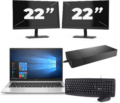 HP EliteBook 835 G7 - AMD Ryzen 3 Pro 4450U - 13 inch - 8GB RAM - 256GB SSD - Windows 10 Home + 2x 22 inch Monitor - small