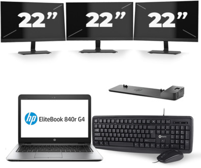 HP EliteBook 840r G4 - Intel Core i5-7e Generatie - 14 inch - 8GB RAM - 256GB SSD - Windows 11 + 3x 22 inch Monitor