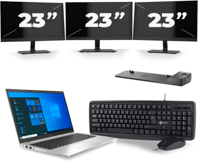 HP EliteBook 845 G7 - AMD Ryzen 3 Pro 4450U - 14 inch - 8GB RAM - 256GB SSD - Windows 10 Home + 3x 23 inch Monitor