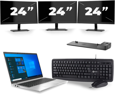HP EliteBook 845 G7 - AMD Ryzen 3 Pro 4450U - 14 inch - 8GB RAM - 256GB SSD - Windows 10 Home + 3x 24 inch Monitor