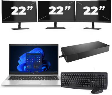 HP EliteBook 845 G8 - AMD Ryzen 7 PRO 5850U - 14 inch - 16GB RAM - 256GB SSD - Windows 11 Home + 3x 22 inch Monitor