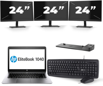 HP EliteBook Folio 1040 G3 - Intel Core i5-6e Generatie - 14 inch - 8GB RAM - 256GB SSD - Windows 11 + 3x 24 inch Monitor
