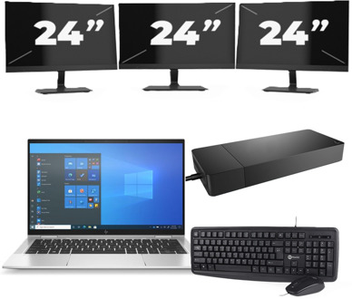 HP EliteBook x360 1030 G8 - Intel Core i7-11e Generatie - 13 inch - 16GB RAM - 256GB SSD - Windows 11 Home + 3x 24 inch Monitor