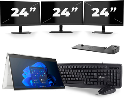 HP EliteBook x360 830 G8 - Intel Core i5-11e Generatie - 13 inch - 16GB RAM - 256GB SSD - Windows 11 Home + 3x 24 inch Monitor