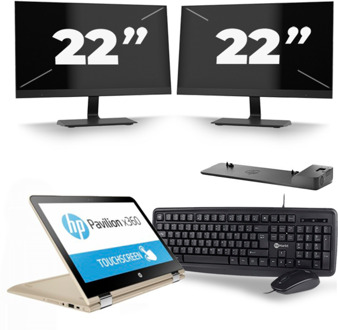 HP Pavilion x360 Convertible 13 - Intel Core i3-6e Generatie - 14 inch - 8GB RAM - 256GB SSD - Windows 11 Home + 2x 22 inch Monitor