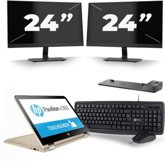 HP Pavilion x360 Convertible 13 - Intel Core i3-6e Generatie - 14 inch - 8GB RAM - 256GB SSD - Windows 11 Home + 2x 24 inch Monitor