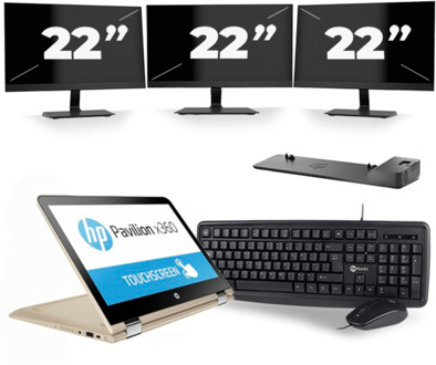 HP Pavilion x360 Convertible 13 - Intel Core i3-6e Generatie - 14 inch - 8GB RAM - 256GB SSD - Windows 11 Home + 3x 22 inch Monitor