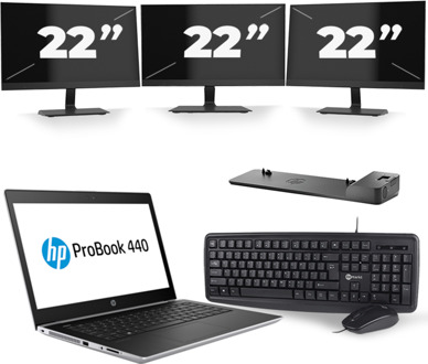 HP ProBook 440 G5 - Intel Core i3-8e Generatie - 14 inch - 8GB RAM - 240GB SSD - Windows 11 + 3x 22 inch Monitor