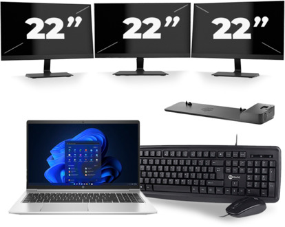 HP Probook 450 G8 - Intel Core i5-11e Generatie - 15 inch - 8GB RAM - 256GB SSD - Windows 11 + 3x 22 inch Monitor - small