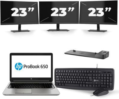 HP ProBook 650 G3 - Intel Core i5-7e Generatie - 15 inch - 8GB RAM - 256GB SSD - Windows 11 + 3x 23 inch Monitor