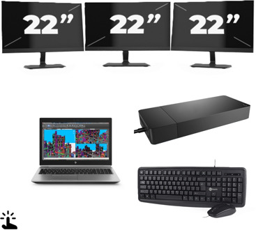 HP ZBook 15 G5 - Intel Core i7-8e Generatie - 15 inch - Touch - 16GB RAM - 256GB SSD - Windows 11 Home + 3x 22 inch Monitor