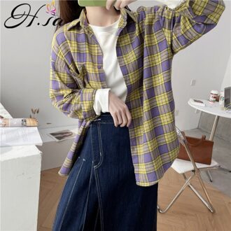 Hsa Vrouwen Lente Blouse Puur Katoen Plaid Chic Shirts Lange Lente Tops Oversized Elegante Vintage Blusa Tops MYL8303-2 paars