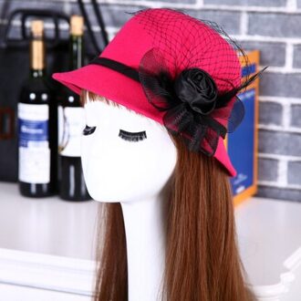 HT1223 Stijlvolle Vintage Vrouwen Hoeden Met Veer Mesh Dames Brede Rand Wol Bowler Fedora Hoeden Solid Red Floppy Cloche Emmer hoeden roos roze
