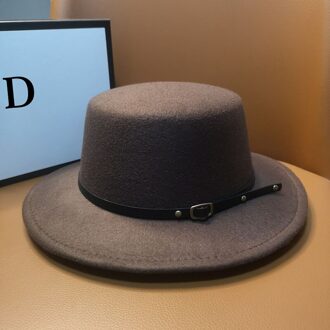 HT227 Retro Winter Herfst Vrouwen Mannen Top Hoed Imitatie Vilt Fedora Hoeden Gesp Versierd Schipperhoed Platte Rand Bruin