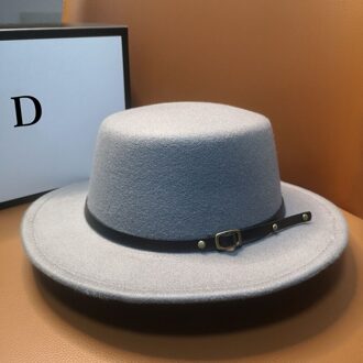 HT227 Retro Winter Herfst Vrouwen Mannen Top Hoed Imitatie Vilt Fedora Hoeden Gesp Versierd Schipperhoed Platte Rand Grijs