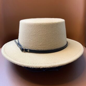 HT227 Retro Winter Herfst Vrouwen Mannen Top Hoed Imitatie Vilt Fedora Hoeden Gesp Versierd Schipperhoed Platte Rand khaki