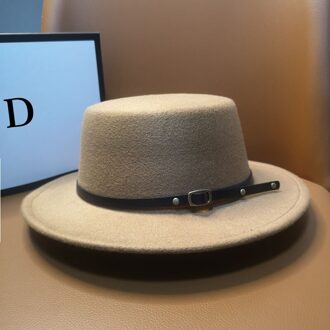 HT227 Retro Winter Herfst Vrouwen Mannen Top Hoed Imitatie Vilt Fedora Hoeden Gesp Versierd Schipperhoed Platte Rand licht bruinen