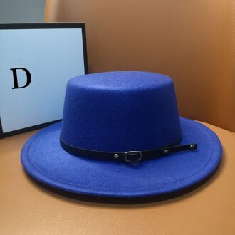 HT227 Retro Winter Herfst Vrouwen Mannen Top Hoed Imitatie Vilt Fedora Hoeden Gesp Versierd Schipperhoed Platte Rand lucht blauw