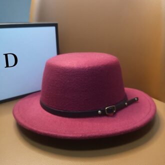 HT227 Retro Winter Herfst Vrouwen Mannen Top Hoed Imitatie Vilt Fedora Hoeden Gesp Versierd Schipperhoed Platte Rand Rood