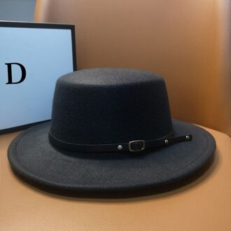 HT227 Retro Winter Herfst Vrouwen Mannen Top Hoed Imitatie Vilt Fedora Hoeden Gesp Versierd Schipperhoed Platte Rand zwart