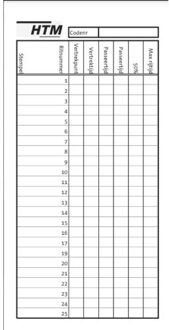 Htm drukwerk: rittenlijsten 210 x 99 mm., 2-zijdig bedrukt in zwart op blok, à 10 stuks
