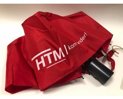 Htm relatiegeschenk, kleine opvouwbare paraplu rood met htm logo