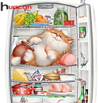 Huacan 5D Diy Diamant Borduurwerk Kat In Koelkast Diamant Schilderij Cartoon Kruissteek Mozaïek Volledige Vierkante Steentjes Home Decor 40x40cm rolled doos
