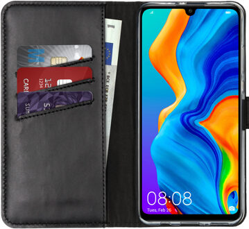 Huawei P30 Lite hoesje bookcase - hoesje Huawei P30 Lite bookcase - P30 Lite hoesje bookcase - telefoonhoesje Huawei P30 Lite - Huawei P30 Lite case - Leer - Zwart - Selencia Echt Lederen Bookcase