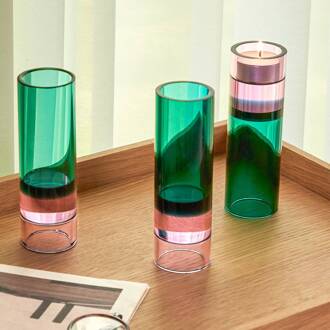 Hübsch Astro theelichthouder, groen/roze, kristalglas, 15 cm groen, roze