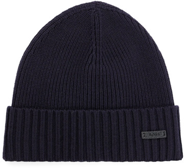 Hugo Boss Geribbelde Wol Beanie Hoed Mannen Hugo Boss , Blue , Heren - ONE Size