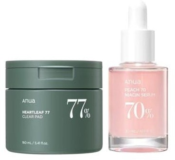 Huidverzorgingskit Anua Heartleaf 77% Clear Pad + Peach 70% Niacinamide Serum 70 pcs + 30 ml