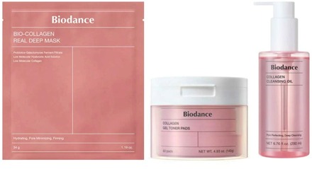 Huidverzorgingskit Biodance Bio-Collagen Real Deep Mask + Collagen Gel Toner Pads + Collagen Cleansing Oil 1 pcs + 60 pcs + 200 ml