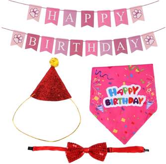 Huisdier Verjaardag Dress Up Set Hoed Vlag Verjaardag Dressing Leveringen Hoed Pull Vlag Speeksel Handdoek Set Verjaardag Decoratie Props bordeaux