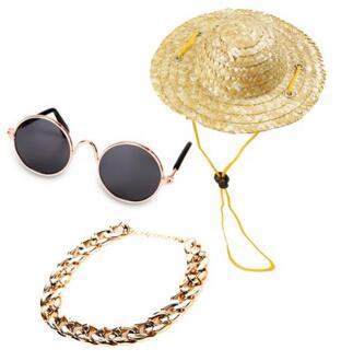 Huisdier Zonnebril Sieraden Set Metalen Kat Zonnebril Stijlvolle Huisdier Kat Hond Zonnebril Ketting Strawhat Foto Props Kostuum Accessoires 3stk