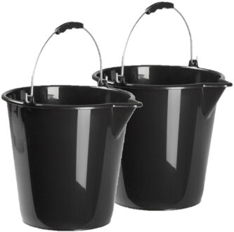 Huishoudemmer - 2x stuks - met schenktuit - 12 liter - zwart - emmer
