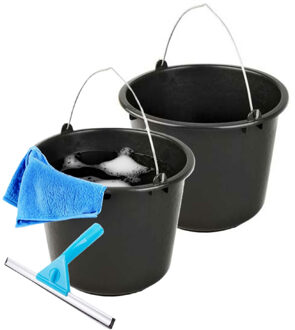 Huishoudemmer met hengsel - 2x - zwart - 12 liter - schoonmaak emmer - auto wassen