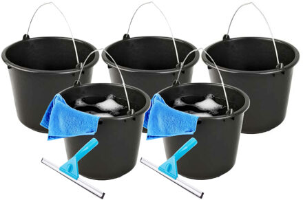 Huishoudemmer met hengsel - 5x - zwart - 12 liter - schoonmaak emmer - auto wassen