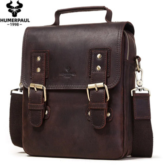 HUMERPAUL Men's Shoulder Bag Crazy Horse Leather Vintage Messenger Bags For 9.7in iPad Male Bolsos Crossbody Bags Travel Sling