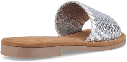 Hush Puppies Hetty Slide Leren Dames Zilver Brede Sandalen