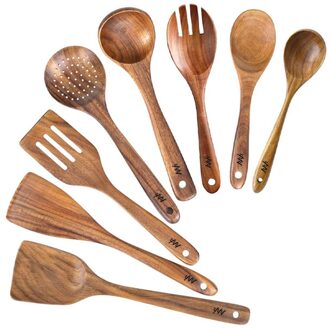 Hyhjh 8 Pcs Antibacteriële Teak Keuken Mengen Gebruiksvoorwerp Set Houten Handgrepen Accessoires Koken Gereedschap Niet Giftig Spatel