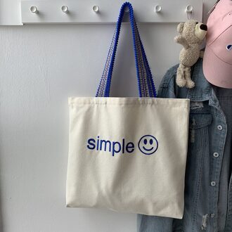 Hylhexyr Glimlach Brief Borduurwerk Canvas Tote Vrouw Schoudertas Mode Katoenen Boodschappentassen Rits Dame Handtas diep blauw