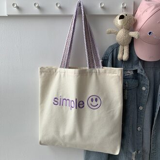 Hylhexyr Glimlach Brief Borduurwerk Canvas Tote Vrouw Schoudertas Mode Katoenen Boodschappentassen Rits Dame Handtas Lavendel