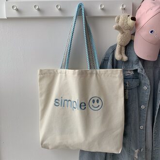 Hylhexyr Glimlach Brief Borduurwerk Canvas Tote Vrouw Schoudertas Mode Katoenen Boodschappentassen Rits Dame Handtas lucht blauw