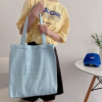 Hylhexyr Vrouw Grote Capaciteit Handtas Katoenen Canvas Schoudertas Brief Geborduurde Casual Totes Herbruikbare Boodschappentassen lucht blauw