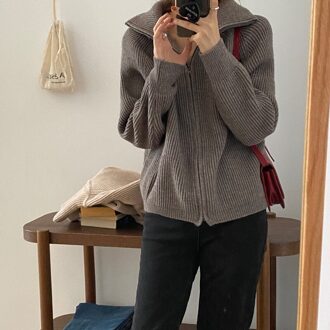 Hzirip Ol Uitloper Tops Solid Trui Vrouwen Herfst Winter Elegante Revers Dikke Warme Gebreide Vest Vrouwelijke Truien grijs