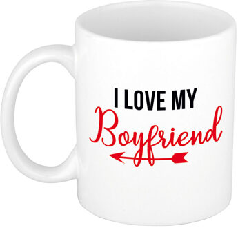 I love my boyfriend cadeau koffiemok / theebeker wit met pijl 300 ml - feest mokken